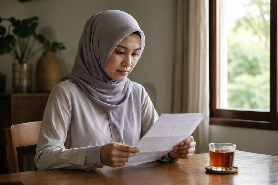 Seorang wanita bertudung menyemak dokumen perceraian di meja rumahnya