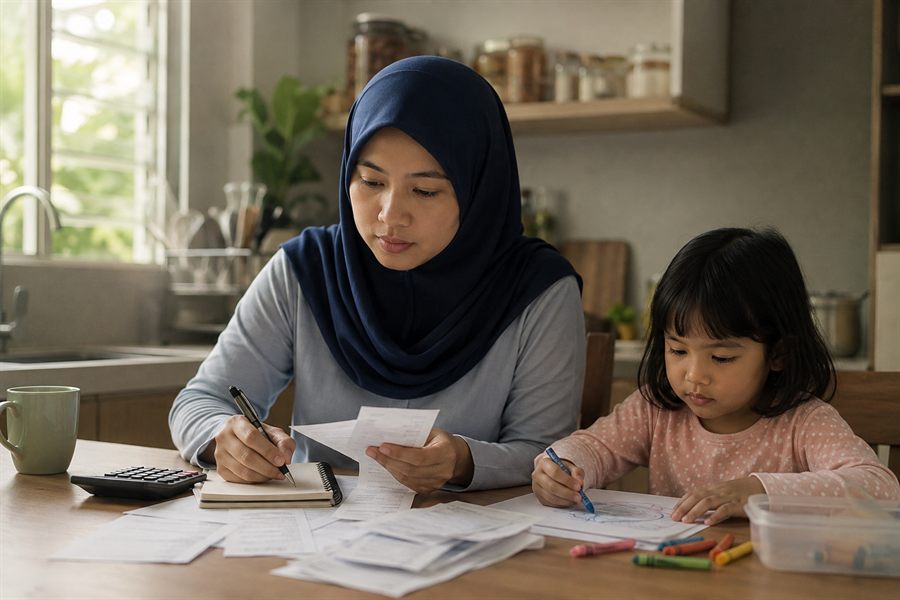 Seorang ibu menyemak bil dan perbelanjaan rumah sambil anaknya mewarna di sebelahnya